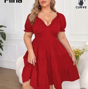 SHEIN Red Smocked Mini Dress Sweetheart Puff Sleeves